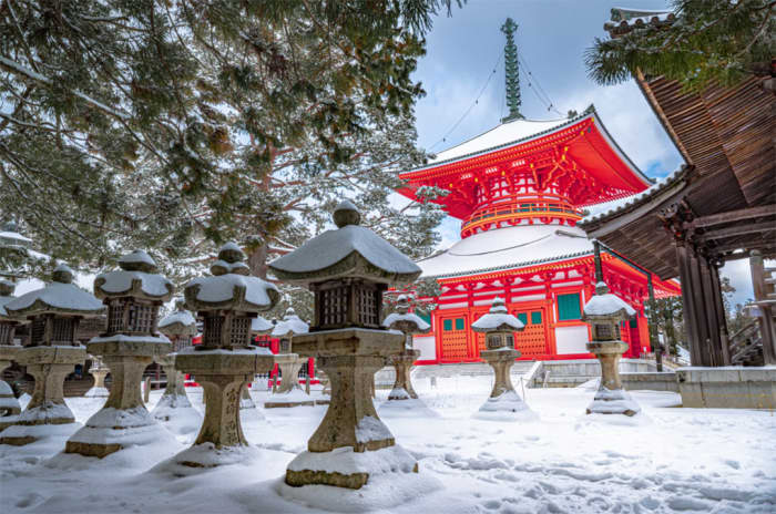The atmospheric Mount Kōya Monastery in Wakayama Prefecture, headquarters of the Shingon Sect of Japanese Buddhism.
