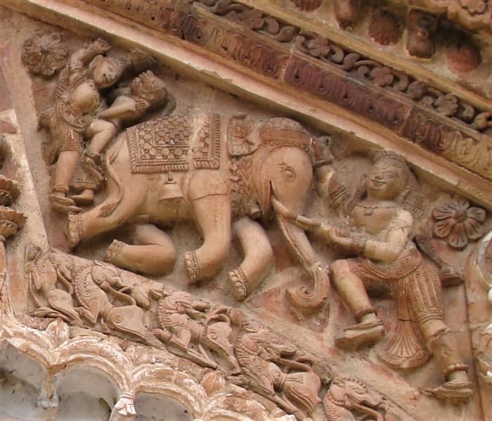 Bakarama killing the elephant Kubalayapeer; terracotta; Charbangla temple; Baronagar; Murshidabad district, West Bengal