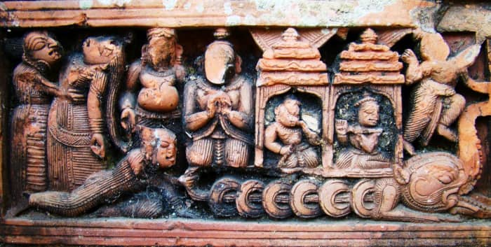 Gokul Tyag : Krishna and Balaram leaving Gokul; terracotta; Shiva temple of Ilchhoba village; Hooghly district, West Bengal