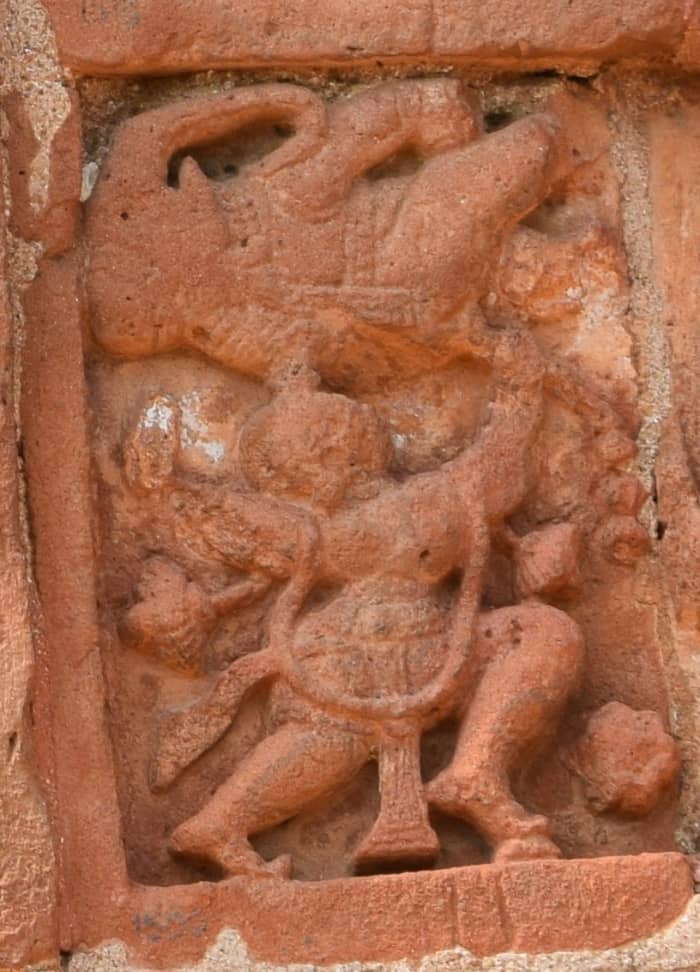 Bakarama killing the elephant Kubalayapeer; terracotta; Jorbangla temple; Vishnupur; Bankura district, West Bengal