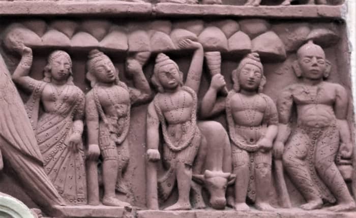 Giri Goivardhan Dharan : Krishna lifting Giri Govardhana hill, Balarama is by his side; terracotta; Lakshmi Janardan temple; Ilambazar, Birbhum