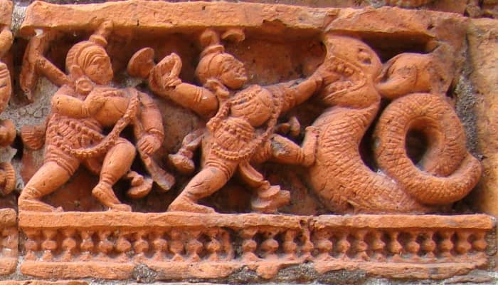 Balarama in Krishna Leela; terracotta; Killing of Aghasura by Krishna; Ananta Basudeva temple; Bansberia, Hooghly district