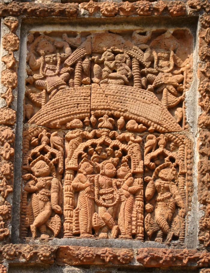 Krishna (at the centre) and Balarama (extreme left) having fun with Gopis; terracotta; Shyam rai temple; Vishnupur, Bankura district; West Bengal