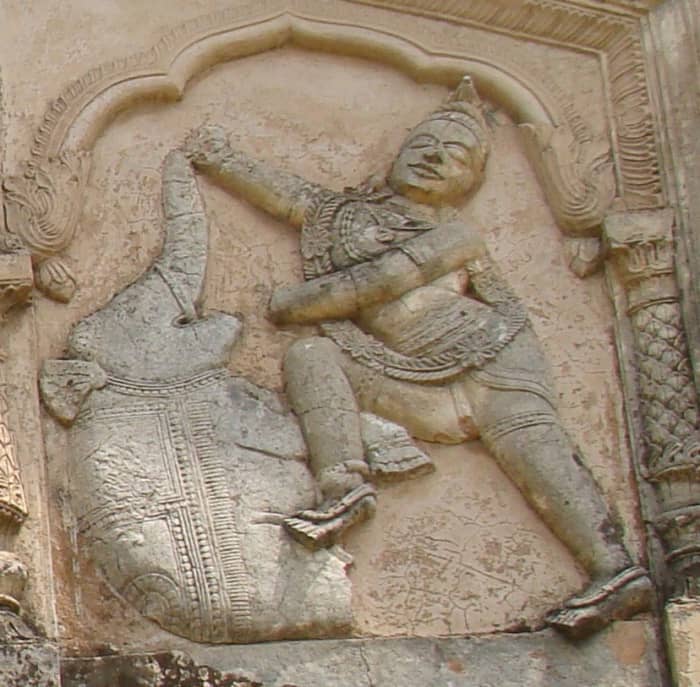 Balarama killing Kubalayapeer the elephant; Stucco; Bhavaniswar temple; Baronagar; Murshidabad district