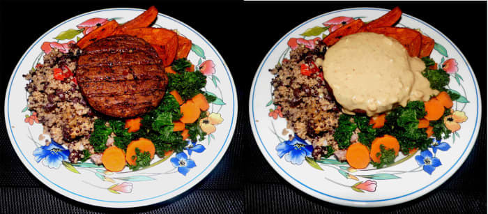 Vegan burger with steamed carrot and kale, sweet potato wedges and quinoa and black bean salad, taken before and after the addition of peanut sriracha sauce