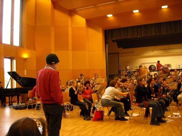Oscar Edelstein overseeing rehearsals for the premier of "Cristal Argento I" in Basel with Basel Sinfonietta © Deborah C Procter