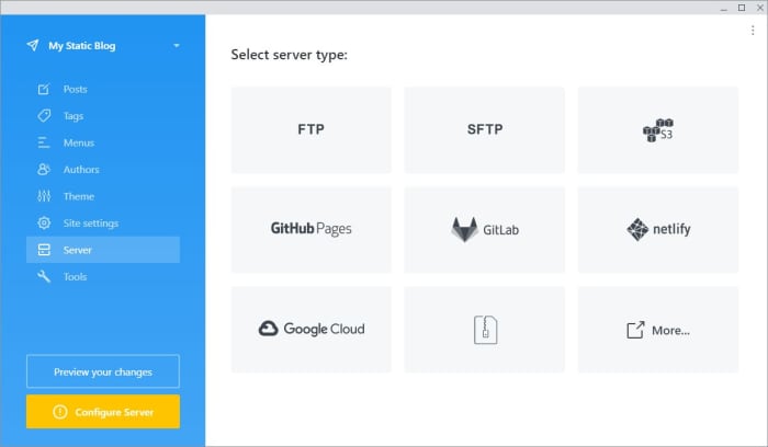 Publii integrates with many different servers, allowing you to sync your website with a single click.