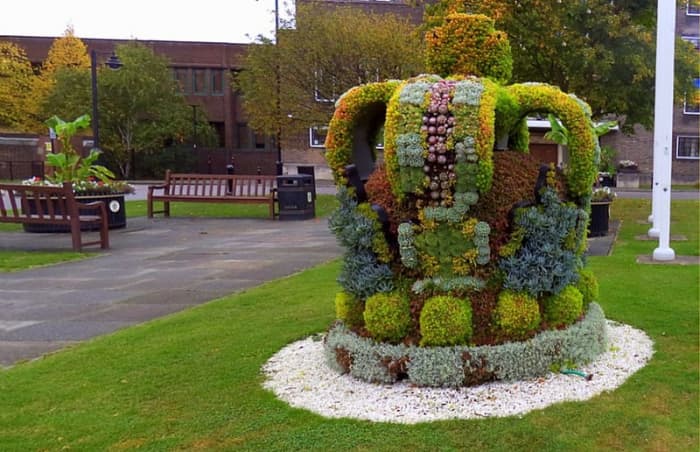 A crown created at Havering Town Hall, Romford for the queen's quieter sapphire (65th) jubilee.