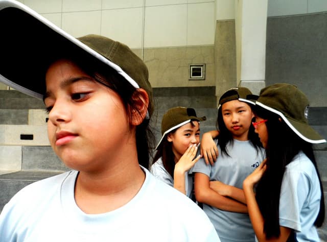 Passive bullying excludes individual people (children and adults alike!) by making them feel like outsiders. True passive bullying requires no action on the part of the bully. This picture shows active bullying. These girls are gossiping.