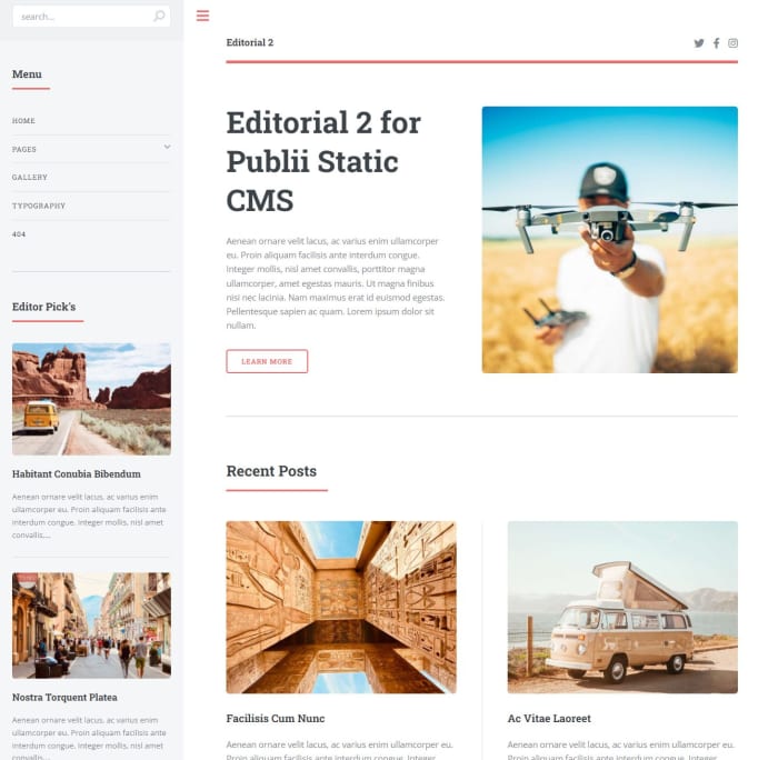 "Editorial 2" theme for Publii. Although the selection is limited, you can still find a free theme for most use cases.