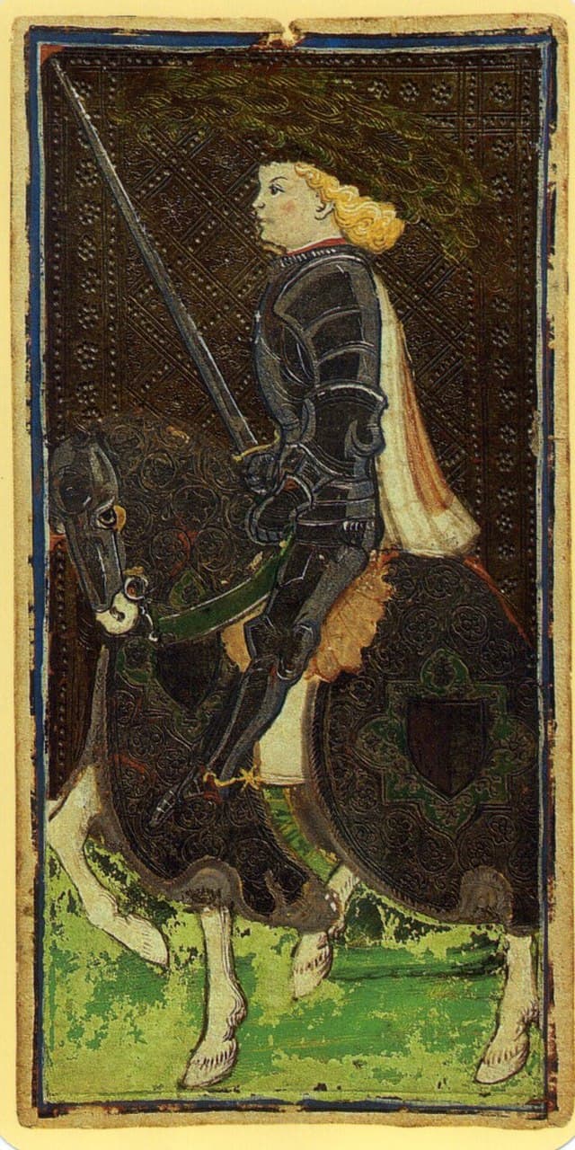 The Knight of Swords in the Visconti Sforza tarot deck. It was hand-drawn in the 15th century by artist Bonifacio Bembo.