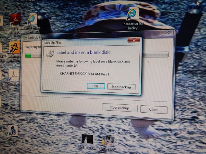 Click ok to start backup. The message behind the prompt shows a bar of progress. Preparing to backup, with a stop backup button No. I have nothing better to do.
