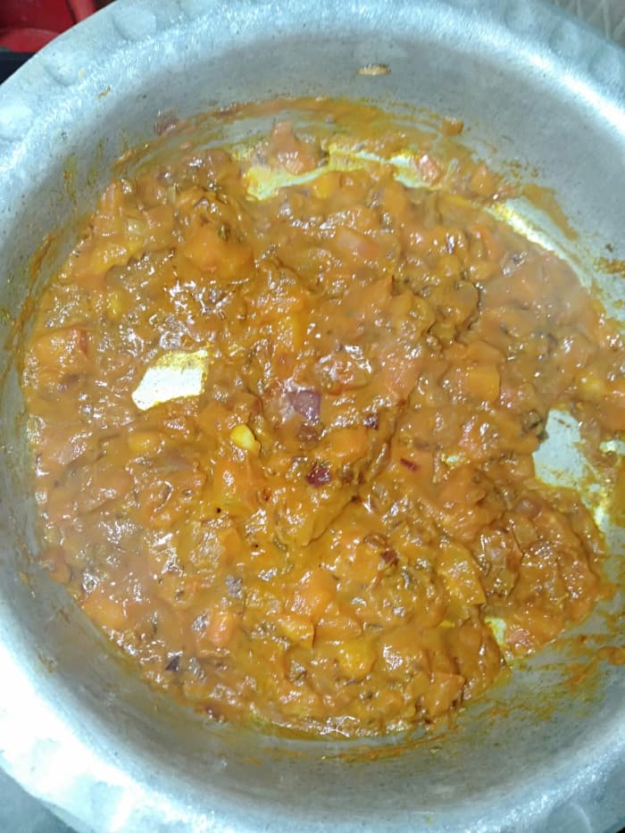 Cook until tomatoes are softened and oil separates. You can add 1-2 tablespoons water to speed up the process.