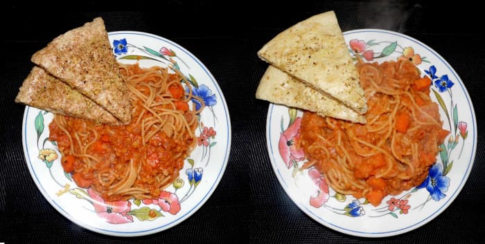 Italian lentils and spaghetti with garlic bread, whole grains on the left and refined on the right