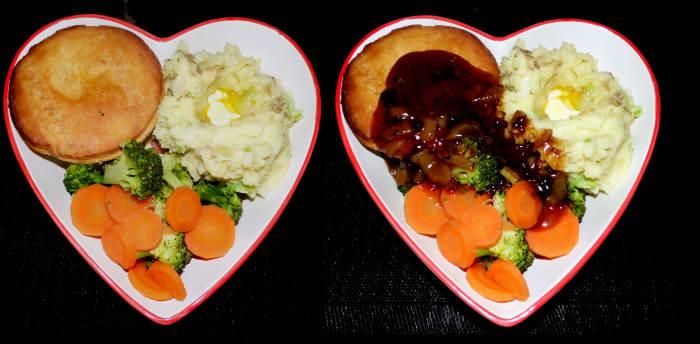 Vegan pie with champ and steamed carrot and broccoli, taken before and after the addition of onion gravy