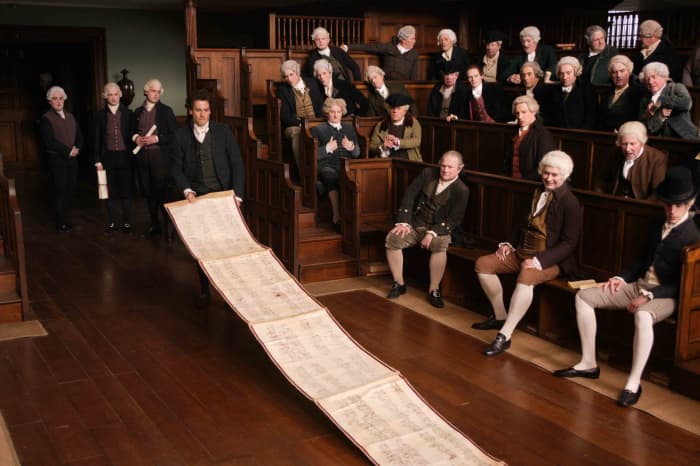 A SCENE FROM THE 2006 FILM ABOUT WILLIAM WILBERFORCE AND THE ABOLITION OF SLAVERY "AMAZING GRACE" WHERE WILBERFORCE UNFURLS HIS PETITION IN PARLIAMENT