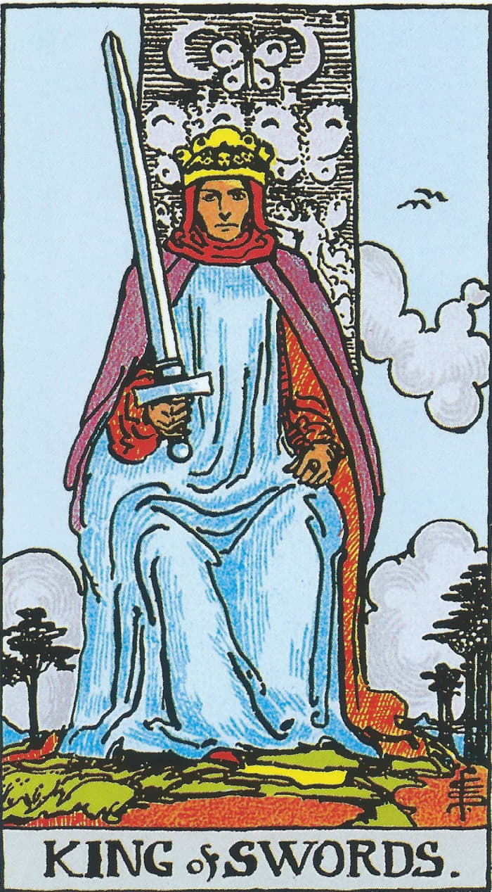 The King of Swords has not only mastered intelligence and air, he has mastered all the elements. He promotes compassion and a long-term vision for his people. He is a proper king who takes his position seriously.