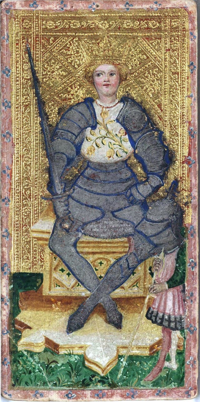 The King of Swords from the Cary-Yale Visconti tarot deck. Created in the 15th century. The King of Swords represents a strong leader who is intelligent and respected.