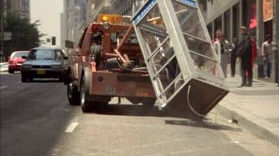 The film's most memorable scene involves a phonebox with Goldberg inside being towed away in downtown New York. Strangely, nobody notices...