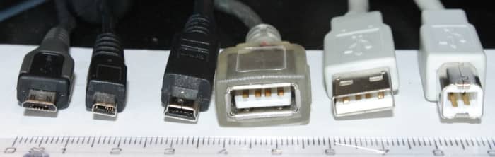 From left to right, (1) Type B micro plug, (2) proprietary UC-E6 plug, (3) Type B mini plug (4) Type A socket (receptacle), (5) Type A plug, (6) Type B plug, typically used for connecting to a printer.