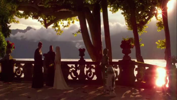 At the end of Star Wars Attack Of The Clones Anakin and Padme marry in secret on the same balcony they shared their first kiss on.