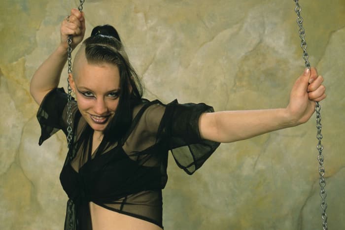 In this photo l like the pose, but not the smile. I can't remember if I asked Rachel to smile, or whether she just did, but although it fitted her friendly personality, for me it doesn't quite gel with the aggressive image the outfit and look conveys