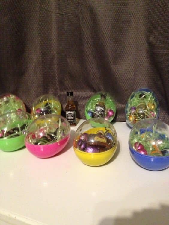 These eggs for a grown-up Easter hunt include tickets to claim six-packs of beer, gift certificates/cards, mini liquors, and other adult-friendly prizes.