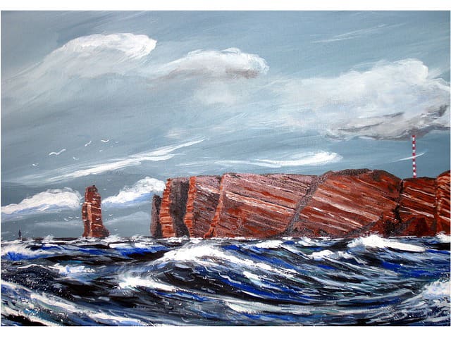 By the Sea: an acrylic painting of wind-blown ocean waves with a jetty in the background and a sky with summer clouds.