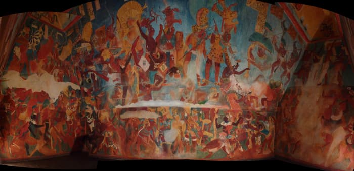 A reproduction of the Bonampak murals, located in southern Chiapas, Mexico. They depict the story of the last ruling family of Bonampak.