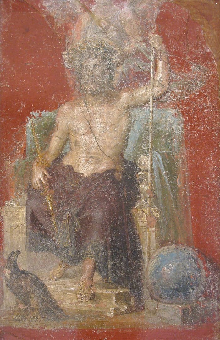 Wall art of Jupiter/Zeus survives in Pompeii. Note the eagle, his emblem, at his feet.