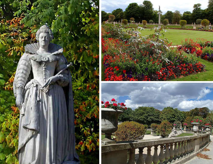 Clockwise from left: Statue of Queen Marie de Medicis; flowerbeds; balustrates and terraces