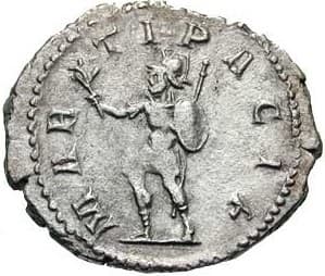 Reverse of an ancient Roman coin (210 to 253 AD) show the god Mars Pacifier extending an olive branch.