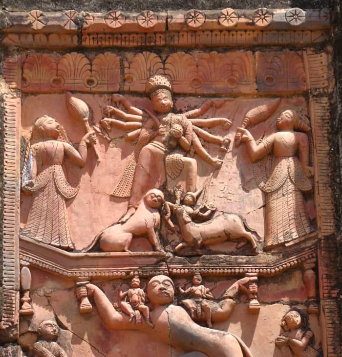 Hanuman rescuing Rama -Lakshmana and Goddess Yogadya from Patala; terracotta; Damodar temple; Hadal-Narayanpur, Bankura