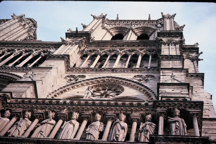 Sculptures on one of Notre Dame Cathedral's bell towers in Paris