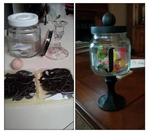 A candleholder, a wooden knob and a wooden letter turn this plain glass jar into a personalized candy container.