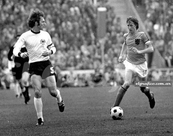 Two legends of the game — Johan Cruyff and Franz Beckenbauer — come face-to-face at the 1974 World Cup final.