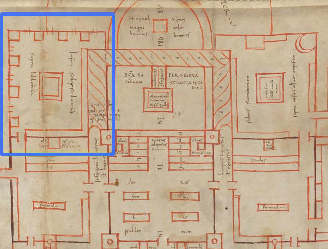 This image shows an architectural detail of the monastery of St. Gall in Switzerland. The blue box indicates the scriptorium - note the chairs situated around the room and a large work table in the center.