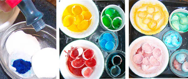 The middle photo is when I just poured in the water, salt & food dye. The photo on the far right is after they sat for about 5 or 6 days and the water evaporated.