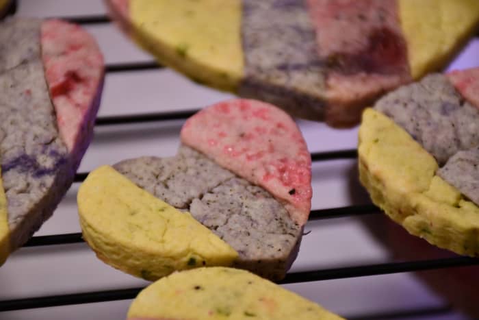 What are those wet spots I see in the pink stripes? I mashed strawberries for that dough. Makes for funny pops of color, but it tastes delicious.