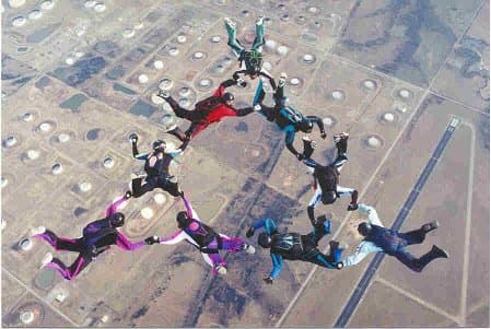 Skydivers over Cushing, Oklahoma. During these skydives, the object is for the nine jumpers to do as many designs in the air as possible in the time allowed.
