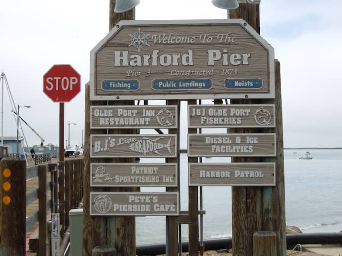 The sign is at the entrance of Harford Pier and lists the businesses you will find on the pier. Motor vehicles are allowed to drive to the end of the pier. There are separate pedestrian walks along each side of the pier.