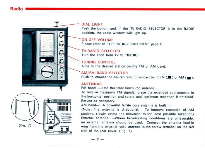 Information about the Radio is found on Page Seven of the Panasonic TR-339RN Manual. Information on the dial light, on-off volume, TV-Radio selector, turning control AM?FM selector and antennas.