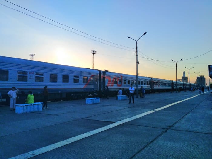 Train stopped at a station in Siberia. A good opportunity to stretch ones legs and have a look around. But don't go too far - the train won't wait!