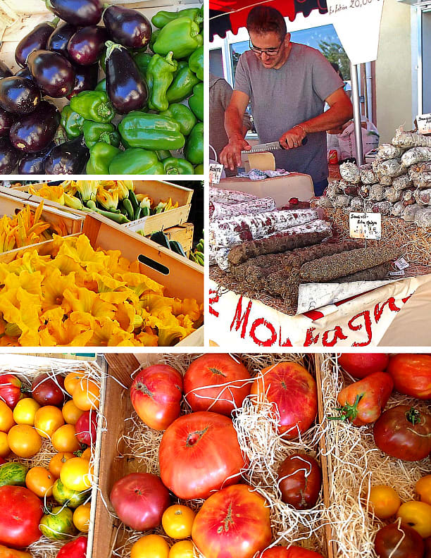 Clockwise from top left: Pepper and eggplant; a saucisson vendor; colorful heirloom tomatoes; zucchini flowers.
