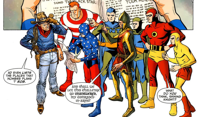 The "Seven Soldiers of Victory" (well, more than seven) - Not a power among them. Left to right - The Vigilante, Stripesy, The Star-Spangled Kid, TNT, The Shining Knight, Dyno-mite, The Crimson Avenger and Wing