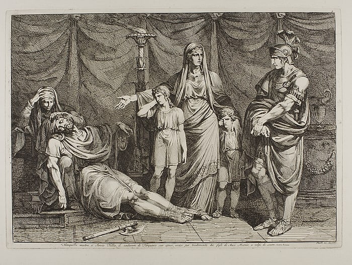 The death of King Tarquin the Elder. The picture depicts Queen Tanaquil with her two young children and Servius Tullius looking at the body of the dead king.