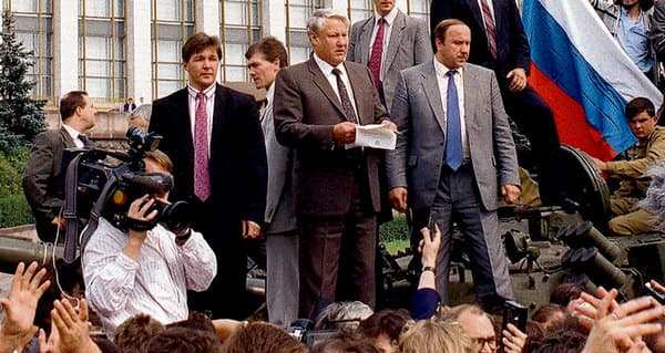 Boris, not yet "Boorish" Yeltsin gives his famous speech from atop a tank that galvanized the opposition against the communist reactionaries.