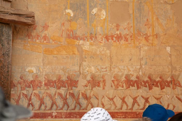 Another bas-relief in the Temple of Hatshepsut depicting the trade expedition to Punt; this one shows goods being unloaded from the boats.