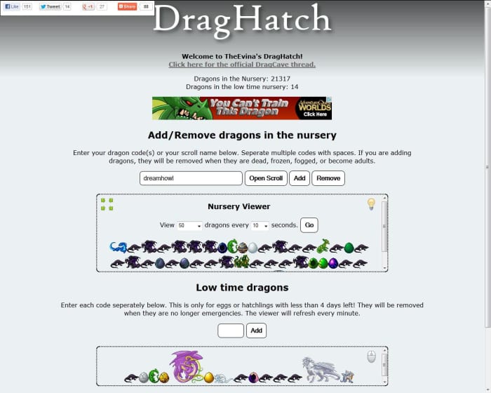 DragHatch is one of many websites that doesn't require registration to enter your dragon's codes to be viewed by others.
