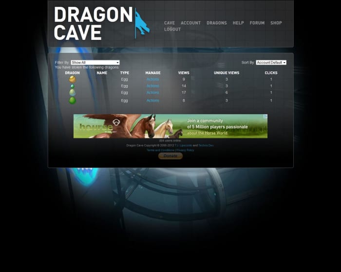 The Dragons tab shows you all of your stolen dragons and eggs in one place, along with their views and clicks.